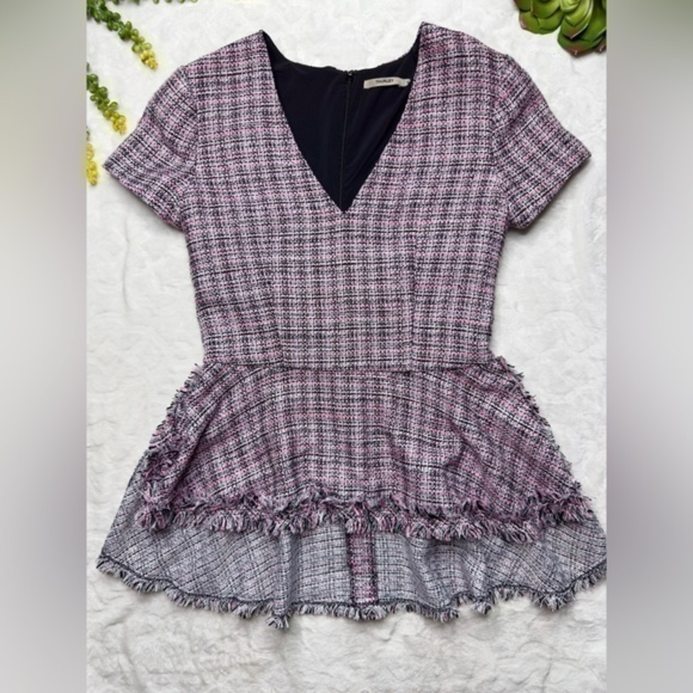 Thurley Candy Crush Tweed V-Neck Short Sleeve Tunic Top in Pink Black Womens 8